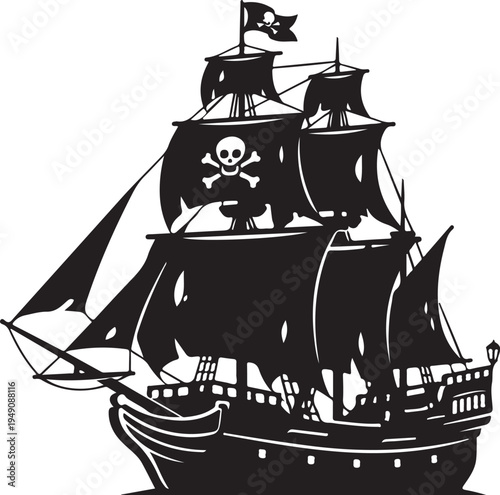 Vector pirate ship icon with skull and crossbones flag