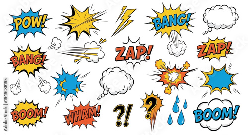 Comic book sound effects and explosion graphics.