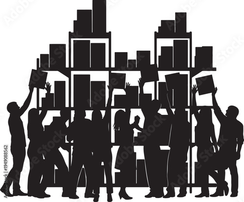 Protesters Holding Signs in Front of City Skyline Silhouette