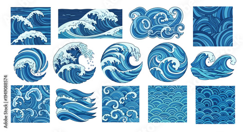 Collection of various ocean wave patterns and designs in blue.
