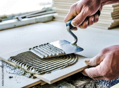 Close-up of a tiler's hands using a notched trowel to spread adhesive mortar onto a ceramic floor tile. The image demonstrates the precise technique of preparing tiles for installation during a home