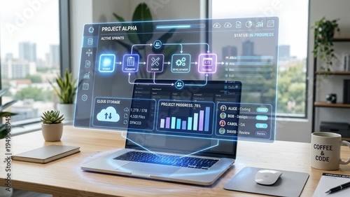 Project management software laptop digital interface coding design development progress cloud storage workspace technology business data analytics workflow team planning active sprint progress charts