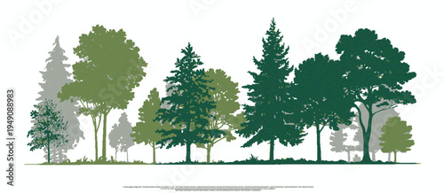 Evergreen Pine Trees Side View Seamless Border with Forest Silhouette Design, Green Shadow Vector Illustration for Landscape Architecture, Tree Cutout Style Woodland Layout, Natural Border Elements fo