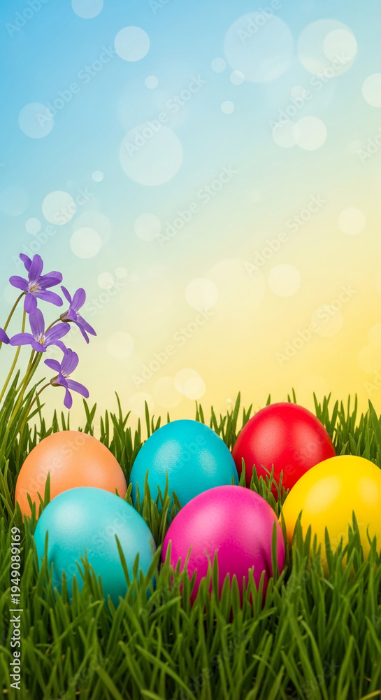 Fototapeta premium Colorful eggs in green grass with small purple flower, symbolizing Easter holiday, spring season, and celebration of new beginning or festive decoration