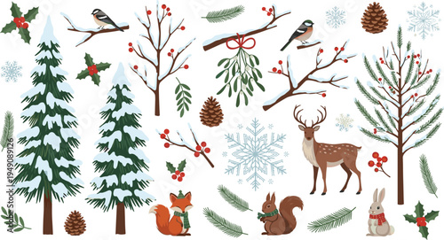 Winter Forest Nature Vector Set with Pine Trees, Deer, Fox, Squirrel, Snowflakes, Birds and Christmas Plants