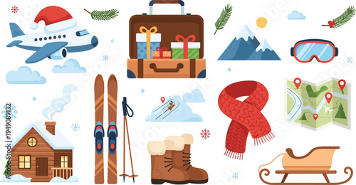 Winter Travel and Ski Vacation Cartoon Vector Set with Airplane, Suitcase, Cabin, Skis, Scarf and Snowy Mountains