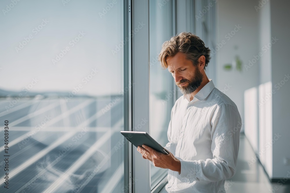 Fototapeta premium Man using a tablet by a large glass window with solar panels outside in a modern interior space