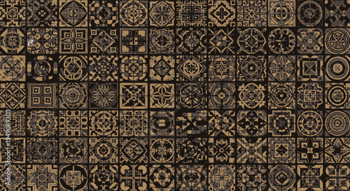 A mosaic pattern with various geometric designs.
