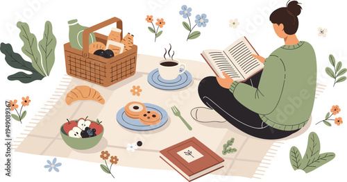 Woman Reading Book at Picnic Cartoon Vector Illustration with Coffee, Croissant, Fruits Basket and Cozy Outdoor Scene