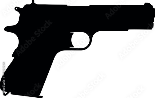 A stark silhouette of a handgun presented against a plain white background