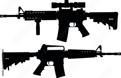 Silhouette of two ar 15 style rifles against a white background