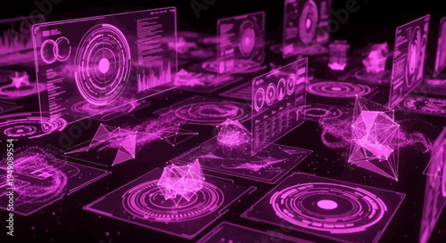 Neon lit digital audio interface landscape.
