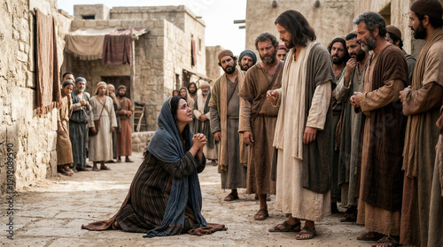 Syrophoenician woman pleading for her daughter's healing in a biblical setting