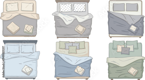 Bed Top View Cartoon Vector Set with Pillows, Blankets, Sheets and Cozy Bedroom Sleeping Furniture Collection
