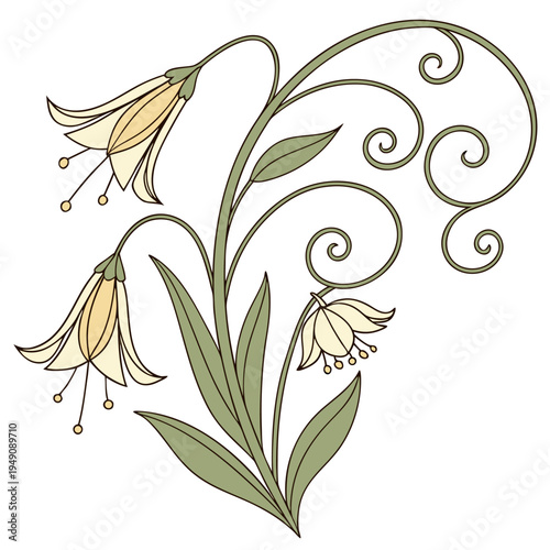 Decorative Hanging Bell Flowers with Swirl Stems and Leaves, Vector Illustration