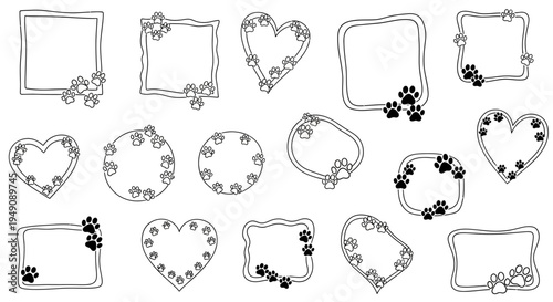 Collection of cute doodle style frames decorated with paw prints, in various shapes like square, heart, and circle, on an isolated white background