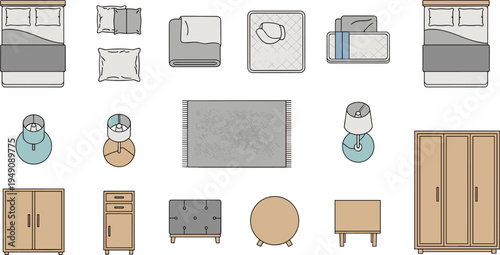 Bedroom Furniture Top View Vector Set with Bed, Wardrobe, Rug, Nightstand, Lamps and Interior Design Elements