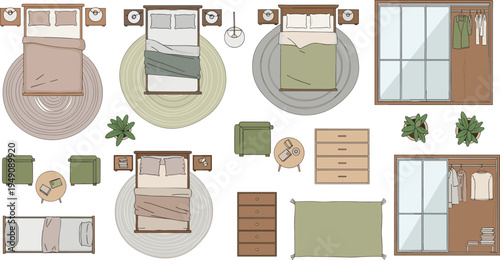 Bedroom Interior Furniture Top View Vector Set with Bed, Wardrobe, Rug, Dresser, Plants and Modern Home Decor