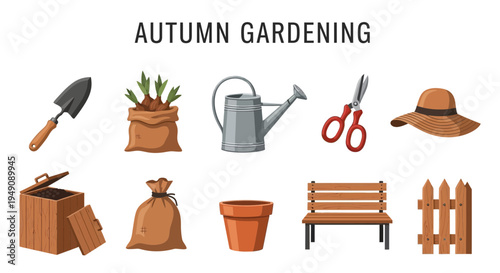 A grid of ten autumn gardening tools and items on a white background