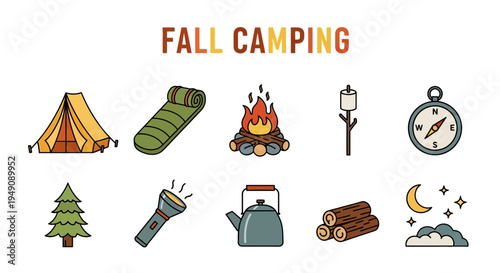 A collection of ten illustrated icons related to fall camping gear and elements