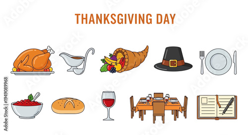 Illustration of various Thanksgivingthemed food decor and dining items on a white background
