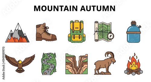 Ten icons related to mountain autumn activities mountains boot backpack map canteen eagle trail canyon goat campfire
