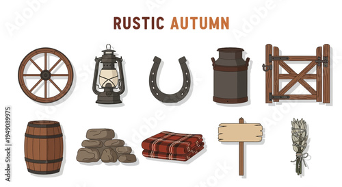 Illustration of ten rustic autumnthemed objects set against a white background