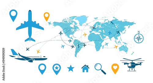 Travel and transportation icons on map.