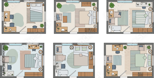 Bedroom Interior Top View Floor Plan Vector Set with Furniture Layout, Bed, Desk, Plants and Home Decor
