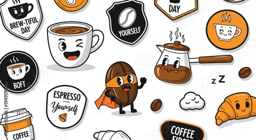 Cartoon coffee and pastry stickers.