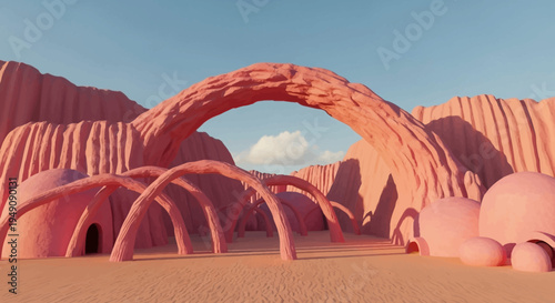 a pink desert landscape with an arch.