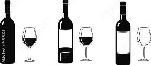 Wine bottle and glass silhouettes set, red wine drink illustration, winery beverage collection, alcohol drink icons isolated