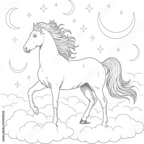 White horse standing on clouds with crescent moons and stars in background night sky