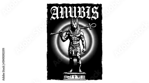 Anubis Egyptian god with staff and gothic typography black and white vector illustration