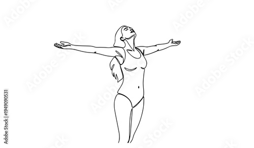 Continuous line drawing woman stretching arms upward wellness concept vector