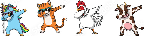 Funny dabbing animals cartoon set, unicorn cat chicken cow characters, cute dancing animals illustration, kids humor mascot collection