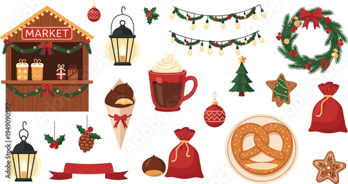Christmas Market Festive Vector Set with Holiday Stall, Hot Chocolate, Wreath, Pretzel, Lights and Winter Decorations