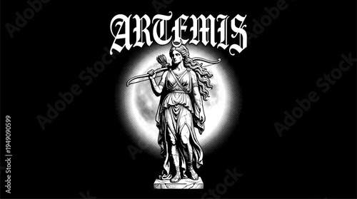 Goddess Artemis standing with bow and arrow in vintage woodcut halftone vector illustration