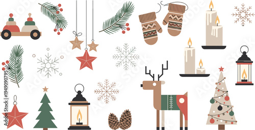 Christmas Winter Holiday Vector Set with Reindeer, Candles, Lantern, Mittens, Snowflakes, Pine Branches and Festive Decorations