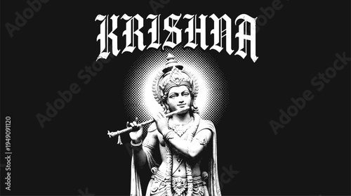 Lord Krishna playing flute with gothic typography in halftone print style vector illustration