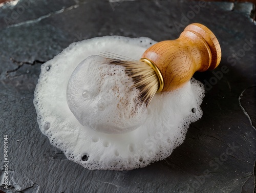 A high-angle, close-up shot of a classic wooden shaving brush resting on a rustic, dark textured slate surface, surrounded by a thick, fluffy layer of shaving soap foam. Photographed wooden shaving