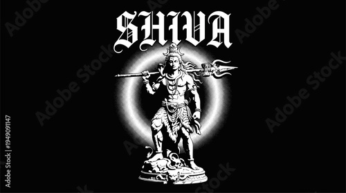 Lord Shiva Hindu deity holding trident with gothic typography vector illustration
