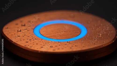 Close-Up of a Copper Device With Blue Led Ring and Water Droplets