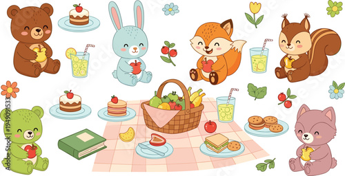 Cute Forest Animals Picnic Cartoon Vector Set with Bear, Bunny, Fox, Squirrel and Basket of Fruits
