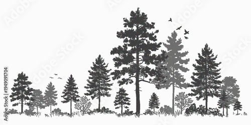 Minimal CAD Tree Line Drawing with Hand Drawn Architectural Trees, Side View Outline Symbols for Landscape Design, Clean Line Vector Illustration Texture with Transparent Background for Architecture P