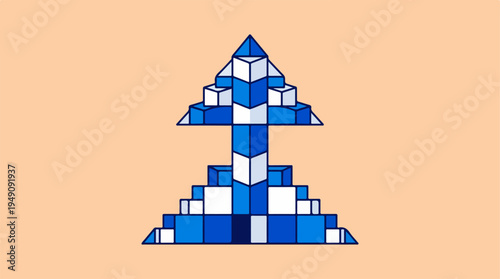Abstract geometric pyramid structure with blue and white blocks.