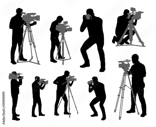 Cameraman filming, photographer shooting, video camera operator silhouette