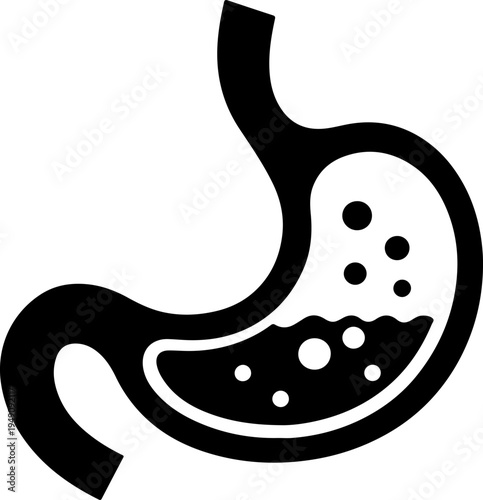 Simple black glyph icon of a human stomach with internal contents depicting digestion or digestive issues for medical and health-related designs