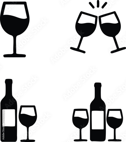 Universal Wine Tasting and Bar Symbols, Minimalist Vineyard and Hospitality Graphics, Celebratory Toast and Drink Icons, vector, illustration, silhouette.