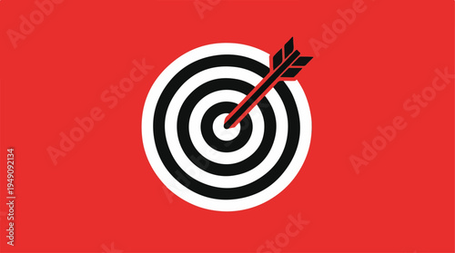 Arrow hitting bullseye target on red background.